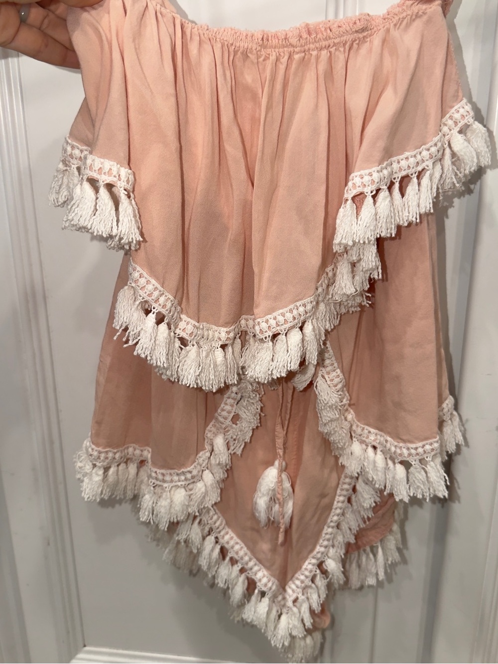 Off-Shoulder Tassel Romper in Blush Pink